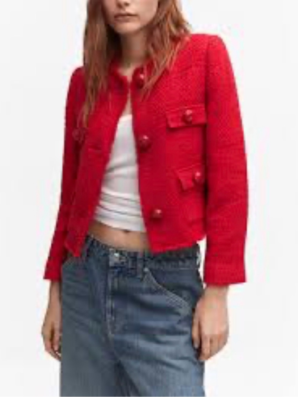 Mango Vibrant Red Wooo Blend Tweed Cropped Jacket Size L Pockets